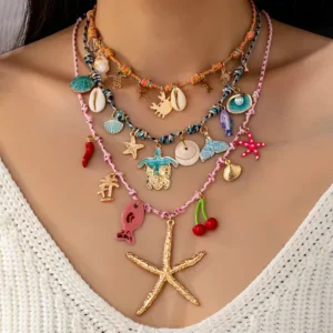 Bohemian Cherry Pendant Necklace For Women In Golden Plated Zinc Alloy With Cord In Chain Weave Design