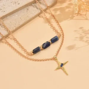 Geometric Pendant Necklace For Women With Natural Stone Inlay, Mixed Materials Featuring KC Golden Plated Bezel Setting And Cable Chain