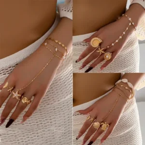 Handmade Jewelry Set With Tortoise Pattern Featuring Pearl Inlay, Golden Plated Metal, And Beaded Chain With Water Plating