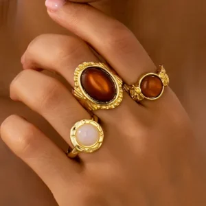 Oval Golden Metal Ring Set For Women Featuring Tiger Eye Inlay