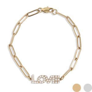 18K Gold PVD Stainless Steel CZ "Love" Paperclip Chain Bracelet / BRJ1004