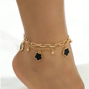 Polished Metal Anklet With Acrylic Inlay Featuring Flower Pattern And Golden Plated Water Plating Finish
